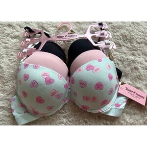3 Pack Juicy Couture Sexy Push Up Bra Size 36B Conversation Hearts Blue Pink NEW